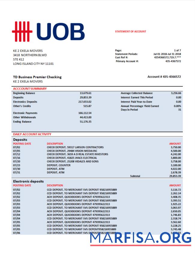 Downloadable UOB (United Overseas Bank) firm account statement Word and PDF template